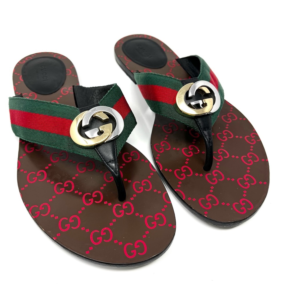 Gucci Kika Interlocking GG Logo Thong Sandals Flip Flops Flat Gold Silver 41 11 - Picture 2 of 10